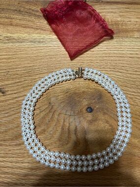 Classic Triple-Strand Akoya Pearl Necklace with 14K Gold Clasp